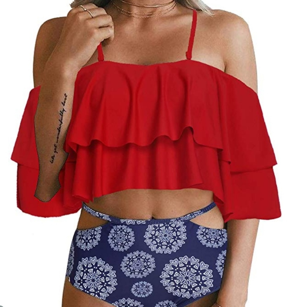 Red ruffle bikini top S